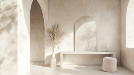 Fototapete - A minimalist hallway with clean lines and neutral tones, featuring a contemporary console table and a large mirror that reflects light, enhancing the space