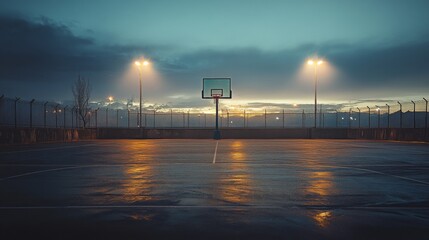 Aufkleber - A panoramic view of an empty basketball court at dusk, with streetlights illuminating the area and shadows creating an atmospheric scene