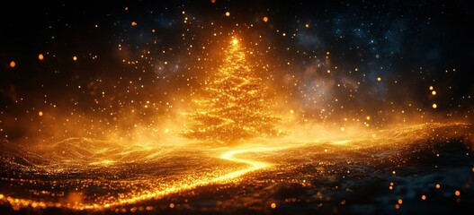 Poster - Golden Christmas Tree Surreal Art with Bokeh in Dreamy Night Landscape