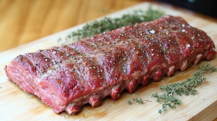 Wall Mural - A raw rack of ribs, seasoned lightly with salt and pepper, placed on a rustic cutting board with a few sprigs of fresh thyme scattered around