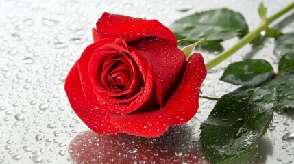 Poster - A red rose lying on a wet glass surface with water droplets reflecting light, creating a dramatic and romantic mood