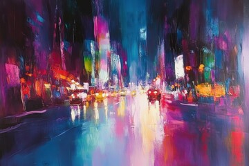 Poster - Abstract painting with vibrant lights, utilizing vibrant colors and dynamic shapes to enhance depth and perspective