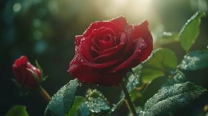 Poster - A red rose with water droplets surrounded by green leaves, photographed in soft natural light to enhance its vibrant color