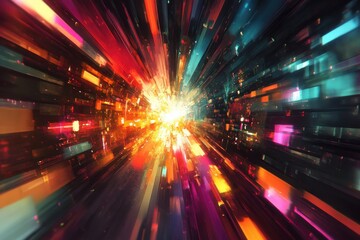 Poster - Abstract painting with vibrant lights, utilizing vibrant colors and dynamic shapes to enhance depth and perspective
