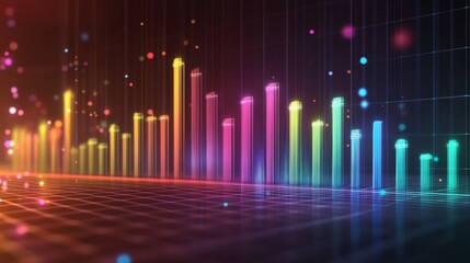 Fototapete - A row of vertical bars in a gradient from blue to green, symbolizing financial performance over time, with a subtle grid background for a professional look