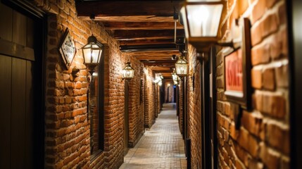 Poster - A rustic hallway showcasing exposed brick walls, wooden beams, and charming decorative elements like lanterns and vintage signs, evoking a warm, homey feel