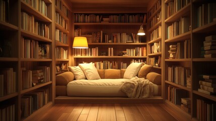 Poster - A serene hallway lined with bookshelves, soft lighting, and a comfortable reading nook at the end, creating an inviting space for relaxation and leisure
