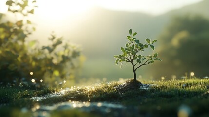 Poster - A serene image of a freshly planted sapling in a peaceful meadow, with dew-covered grass and soft morning light illuminating the scene