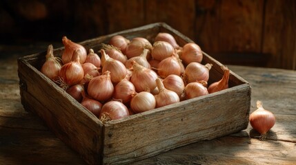 Poster - A serene image of shallots arranged in a vintage wooden crate, with soft sunlight illuminating their rich colors and natural beauty, evoking a rustic charm