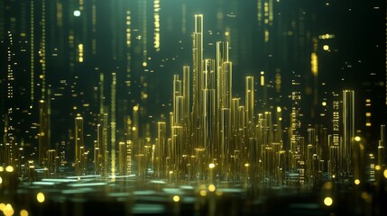 Aufkleber - A set of metallic D bars in a financial chart rising steadily in height, with a dark, futuristic background and glowing digital data points floating around