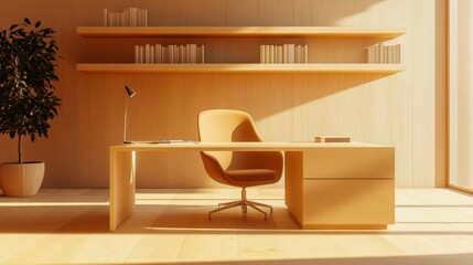 Poster - A spacious minimalist office with a large desk, a simple chair, and a few books neatly arranged, all surrounded by light tones and open space