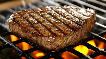 Wall Mural - A thick, bone-in ribeye steak sizzling on a hot grill, with visible flames and smoke rising, highlighting the cooking process of a perfect steak