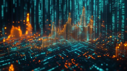 Poster - A vibrant D stock market graph with interconnected nodes and lines showing a steep upward trend, set against a high-tech, glowing background
