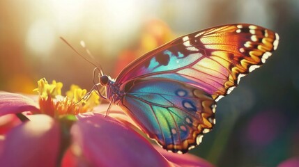 Poster - A vibrant macro shot of a colorful butterfly resting on a flower, highlighting its delicate wings and intricate patterns in bright sunlight