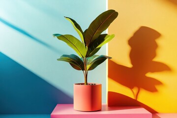 Poster - Minimalist interior with a single plant, utilizing vibrant colors and dynamic shapes to enhance depth and perspective