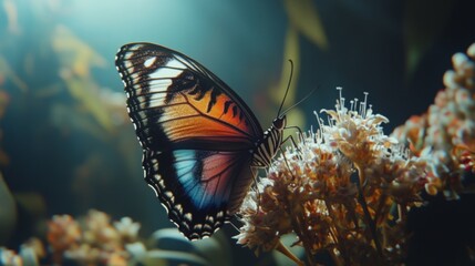 Poster - A vibrant macro shot of a colorful butterfly resting on a flower, highlighting its delicate wings and intricate patterns in bright sunlight