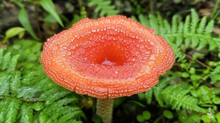 Poster - A vibrant red-capped mushroom covered in dew, nestled among green grass and ferns, showcasing the beauty of nature after a rain shower