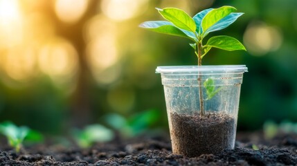 Poster - Close-up of a small tree growing out of a biodegradable seedling container placed on the forest floor, with soft light filtering through the trees