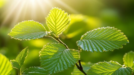 Poster - Close-up of fresh green leaves with morning dew under bright sunlight, symbolizing growth, freshness, and new beginnings for the New Year
