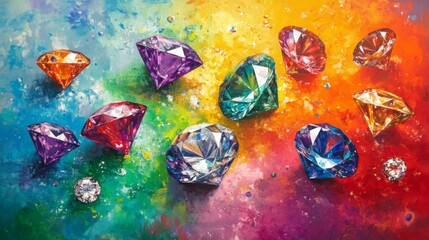 Aufkleber - Diamonds scattered on a metallic background, their facets reflecting light in a dazzling array of rainbow colors