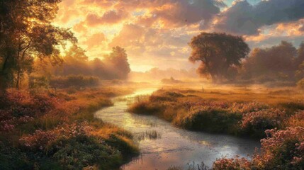 Poster - Early morning light filtering through a foggy field, with fresh dew on grass and flowers, symbolizing hope and new beginnings for the year ahead