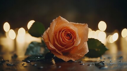 Fototapete - Macro shot of a vibrant orange rose with water droplets, with soft bokeh lights in the background adding a warm, glowing ambiance