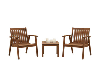 Wooden outdoor seating set with two chairs and a small table with candles, isolated on white background