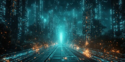 Fototapete - Futuristic Cyber Landscape with Geometric Networks and Neon Colors