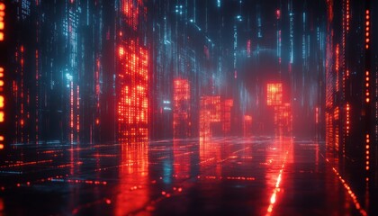 Poster - Futuristic Digital Landscape with Cyberpunk Data Blocks and Floating Binary Codes