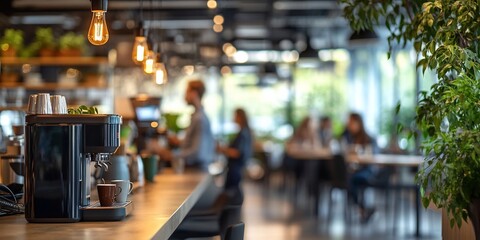 Wall Mural - Coffee shop counter, blurred customers, plant