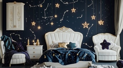 a celestial vintage bedroom with navy blue walls adorned with constellations