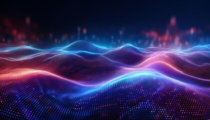 Poster - A vibrant digital landscape of flowing waves illuminated with blue and pink lights, creating a futuristic, abstract visual experience.