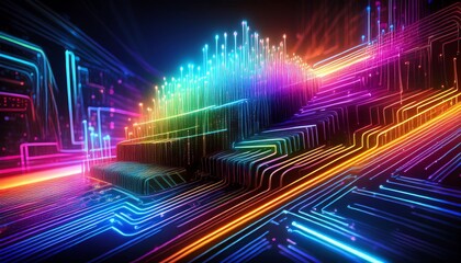 Poster - A vibrant, neon-lit abstract representation of digital data flow, showcasing colorful lines and waves against a dark background.