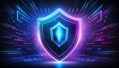 Poster - A vibrant shield icon with glowing edges and dynamic light effects, symbolizing security and protection in a digital world.
