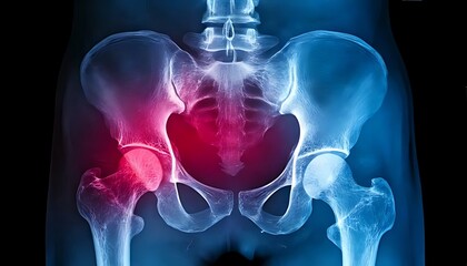 An X-ray of a pelvis shows an area of inflammation in the hip joint.