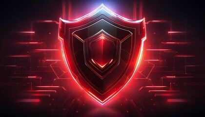 Poster - a glowing shield emblem with a modern design, featuring red and blue neon accents against a dark bac