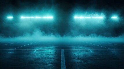 Sports stadium with a lights background, Textured soccer game field with spotlights fog midfield Concept of sport, competition, winning, action, empty area for championships, studio room, night view.