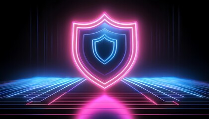 Poster - A glowing neon shield icon surrounded by vibrant blue and pink lights, symbolizing protection and security in a digital landscape.