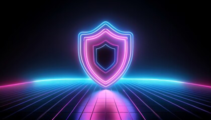 Poster - A glowing, neon shield icon stands out against a dark background, symbolizing protection and security in a digital environment.