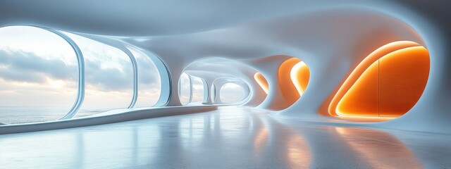 Aufkleber - Futuristic Minimalist Interior with Flowing White Lines and Soft Lighting