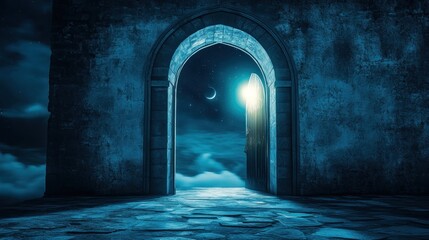 Canvas Print - Ancient archway opening to a night sky with moon and clouds.