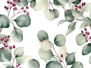 Wall Mural - Watercolor Botanic Leaf and Buds Seamless Herbal Composition for Wedding or Greeting Card Spring Border with Eucalyptus