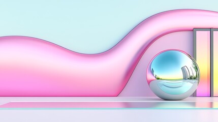 Poster - Pink Wave Abstract Background with Chrome Sphere