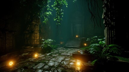 Canvas Print - Ancient, overgrown jungle temple ruins, pathway, mystical, glowing lights, jungle vegetation, stone structures, dark, damp, moss, pathway, overgrown, mysterious, serene, hidden, exploration, adventure