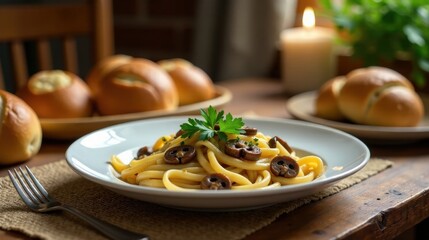 Wall Mural - Aromatic pasta dish with saut?ed mushrooms and fresh parsley, served on a rustic wooden table with warm bread rolls