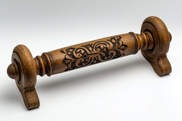 Wall Mural - An antique wooden rolling pin stand with intricate details, placed on a plain white surface.