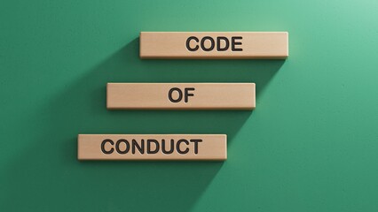 Poster - Code of conduct symbol. Wooden blocks with words Code of conduct.Business and Code of conduct concept. Copy space.3D rendering on green background.