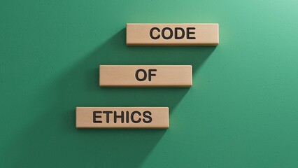 Poster - Code of ethics symbol. Concept words Code of ethics on wooden blocks.Business and Code of ethics concept. Copy space.3D rendering on green background.