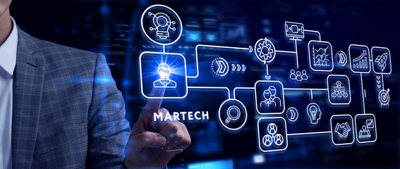 martech marketing technology concept on virtual screen interface. business, technology, internet and