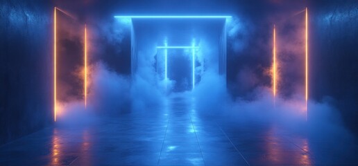 Poster - Futuristic Cyberpunk Room with Blue Neon Lights Smoke High Contrast Lighting Digital Art Rendering